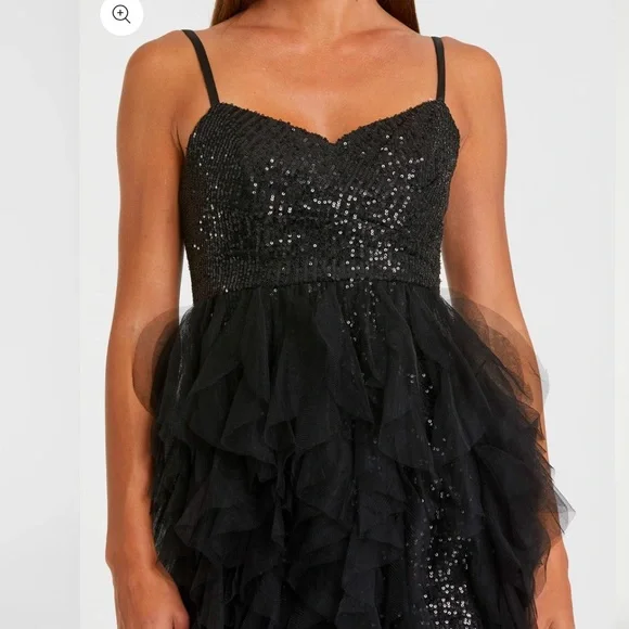 Mac Duggal Black Sequin Mini Gown With High Low Ruffle Tiered Train - Reemoly